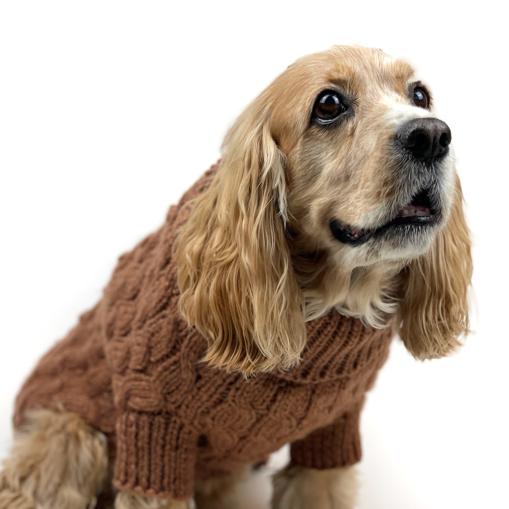 Cable Knit Dog Sweater with Pom Pom - Cinnamon
