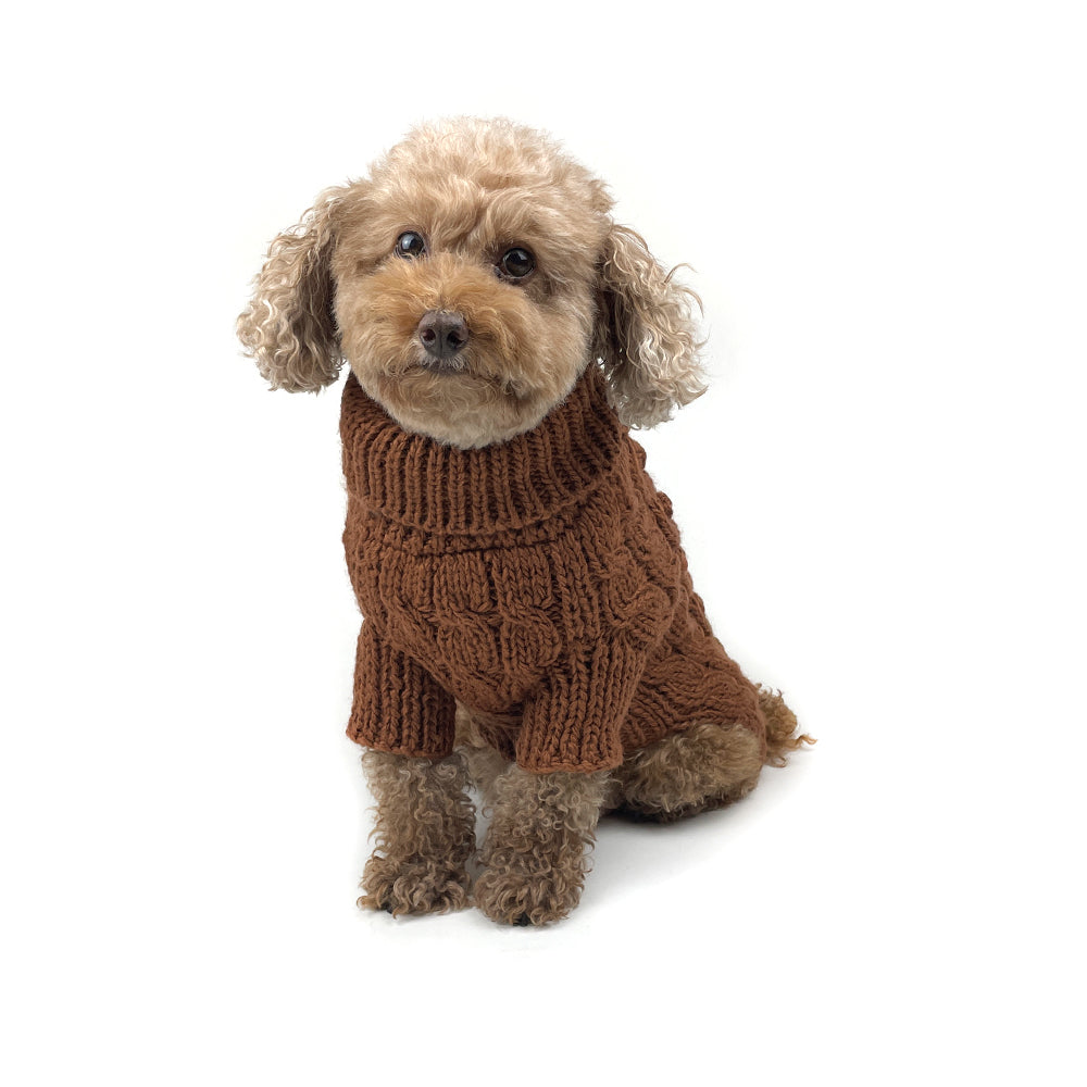 Cable Knit Dog Sweater with Pom Pom - Cinnamon
