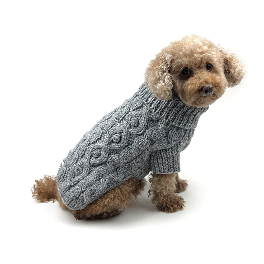 Cable Knit Dog Sweater with Pom Pom - Grey