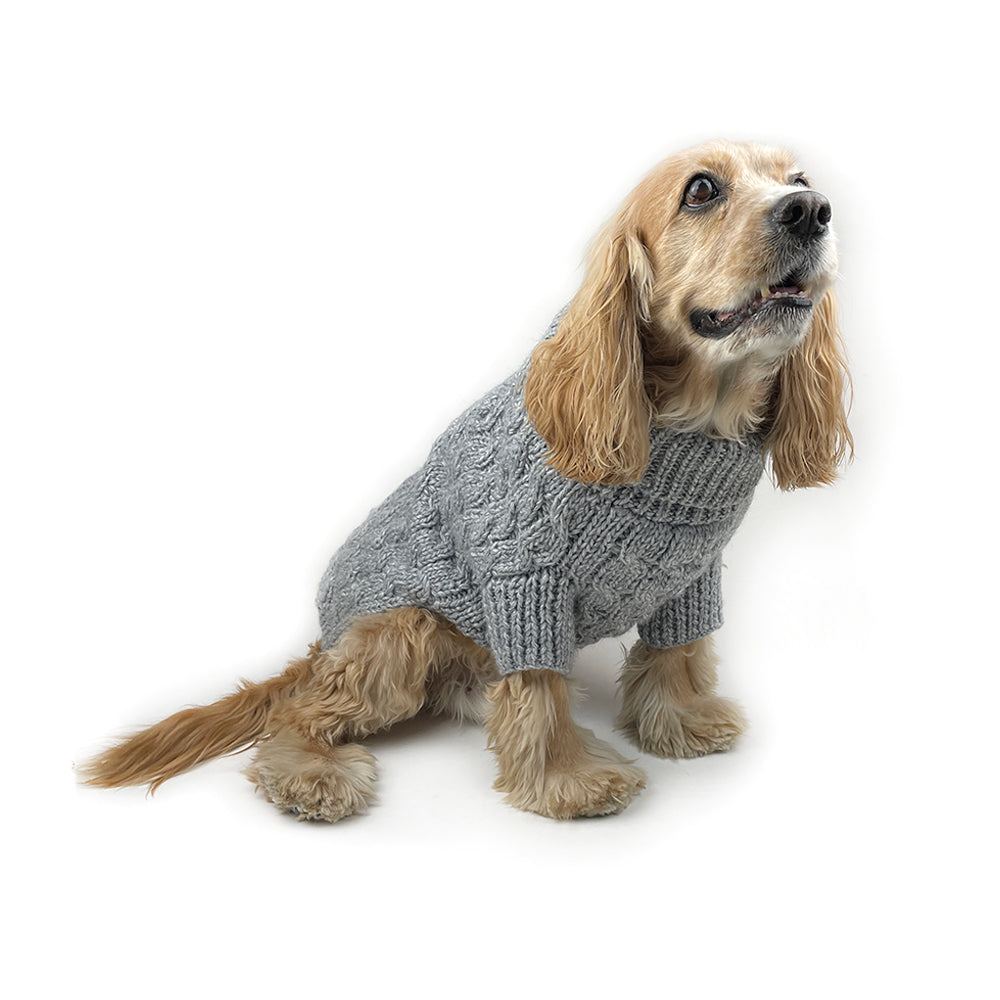 Cable Knit Dog Sweater with Pom Pom - Grey