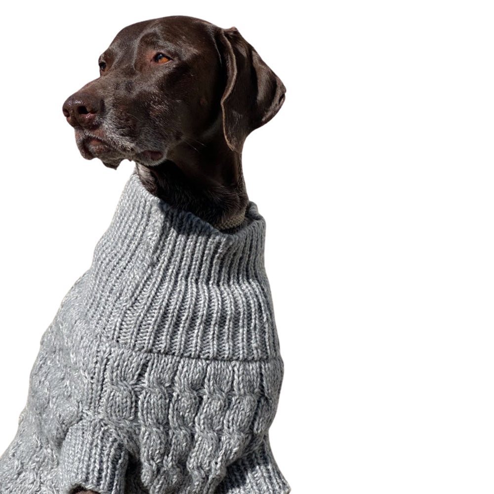 Cable Knit Dog Sweater with Pom Pom - Grey