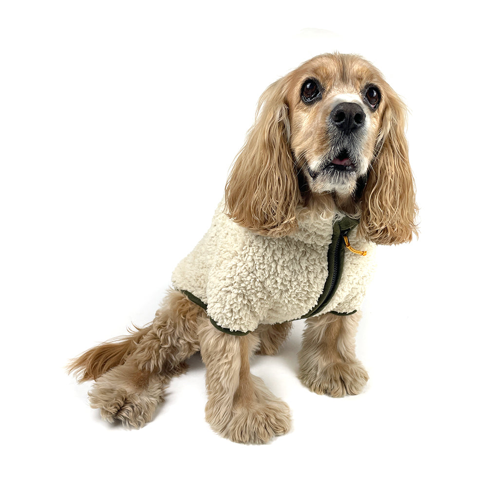 Sherpa Fleece Dog Jacket - Cream/Olive