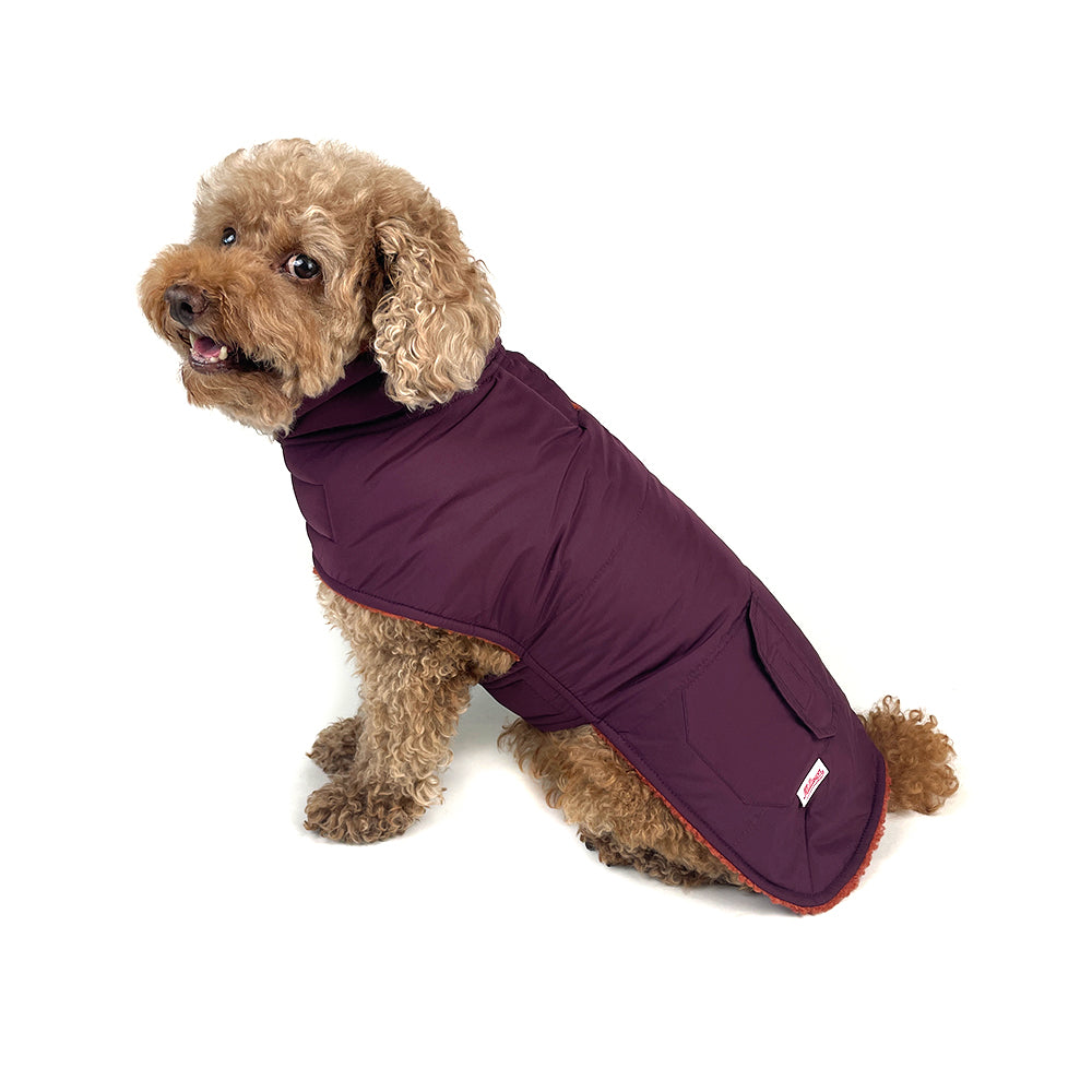 Dog Reversible Teddy Fleece/Puffer Coat- Orange/Burgundy