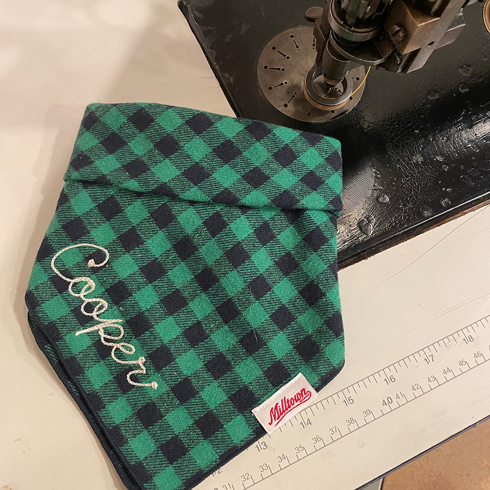 Square Dog Bandana - Green x Navy Buffalo Plaid