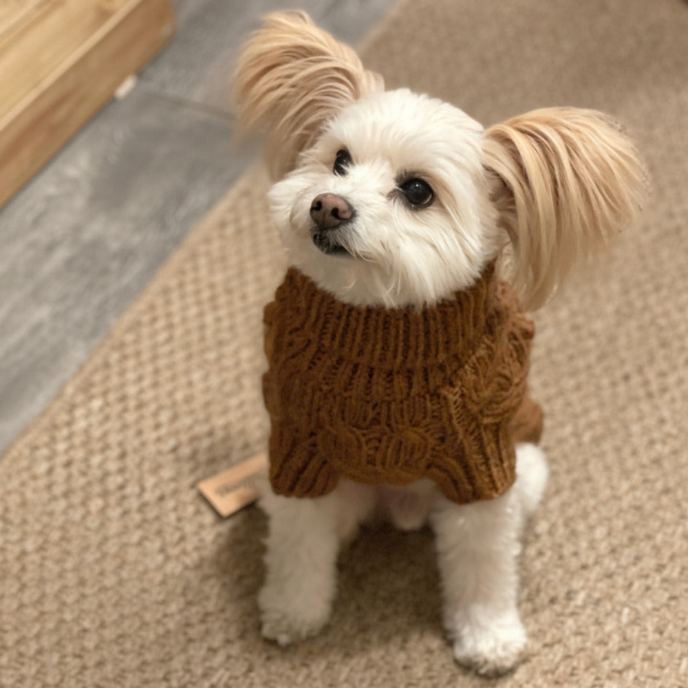 Cable Knit Dog Sweater with Pom Pom - Cinnamon