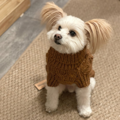 Cable Knit Dog Sweater with Pom Pom - Cinnamon