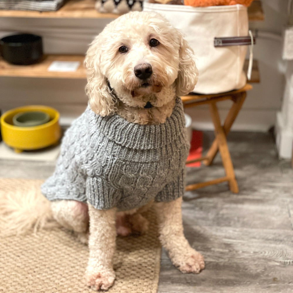 Cable Knit Dog Sweater with Pom Pom - Grey