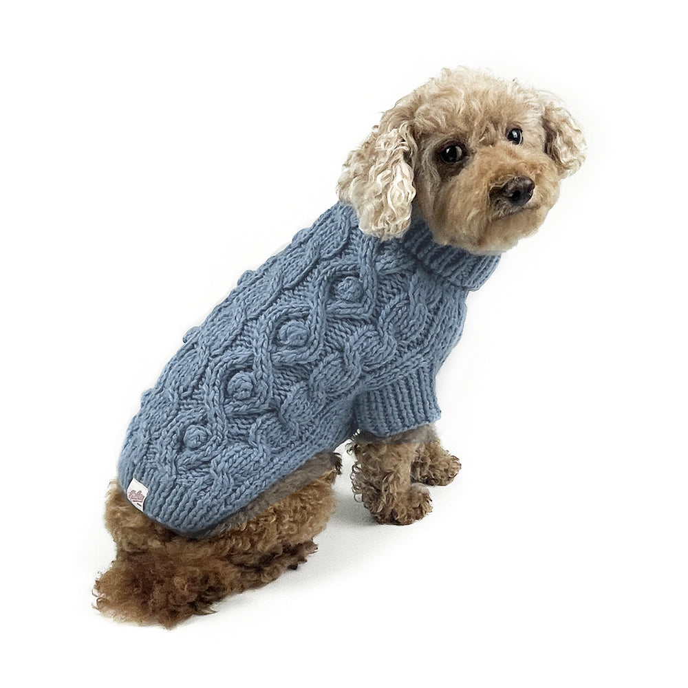 Classic Fisherman Dog Sweater | Pom Pom Cable Knit | Hand-Knit Wool Blend