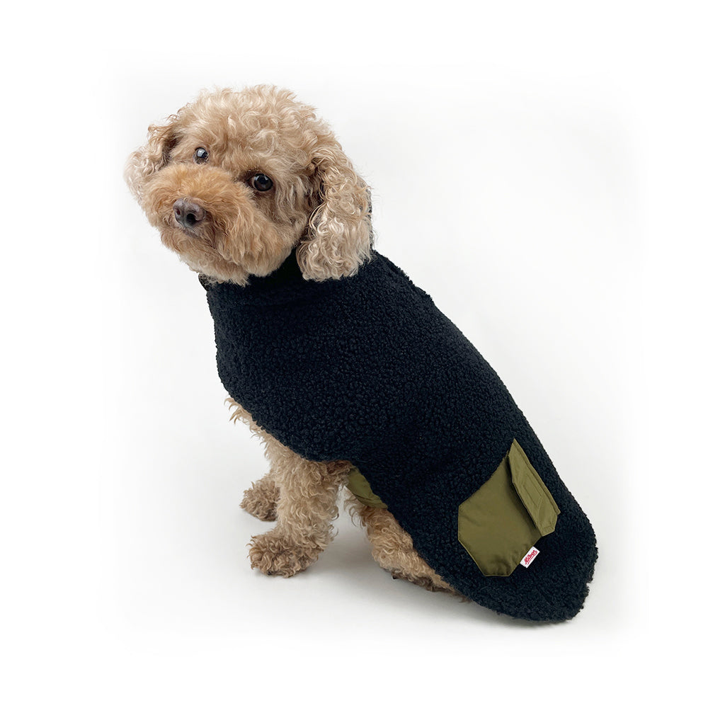Dog Reversible Teddy Fleece/Puffer Coat - Black/Olive