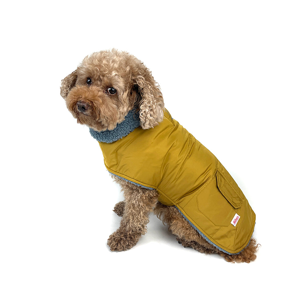 Dog Reversible Teddy Fleece/Puffer Coat - Blue/Mustard
