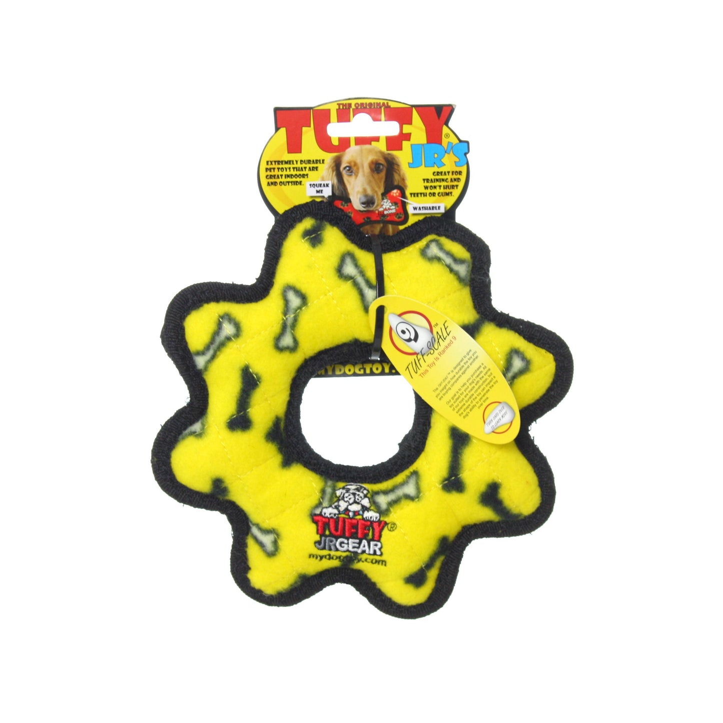 Tuffy Jr Gear Ring - Yellow Bone, Durable, Squeaky Dog Toy