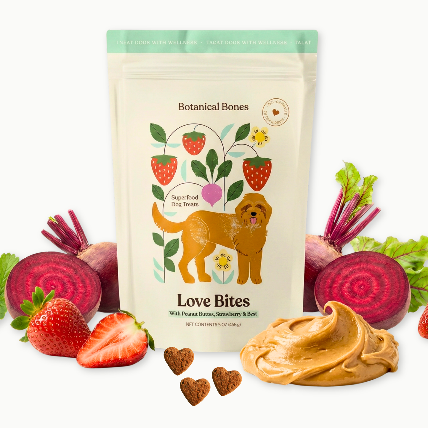 Botanical Bones - Love Bites - Organic Dog Treats, Strawberry & Peanut Butter